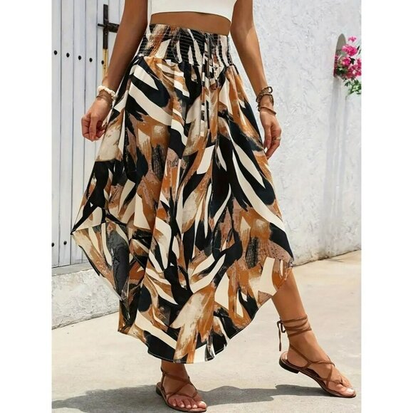 SHEIN Dresses & Skirts - SHEIN A-Line Abstract Printed Midi Skirt Elastic Waist Asymmetrical Hem Size 6
